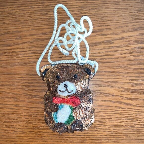Small spangled & beaded brown Christmas bear purse or bag - Picture 1 of 5